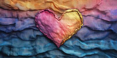 Colorful heart shape crafted on textured fabric in soft gradient shades showcasing creativity and artistic expression photo