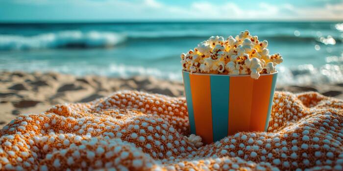 Enjoying popcorn on the beach under a clear sky during a sunny afternoon photo