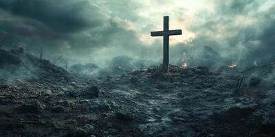 Dramatic landscape depicting a cross standing amidst a desolate terrain under a stormy sky at dusk photo