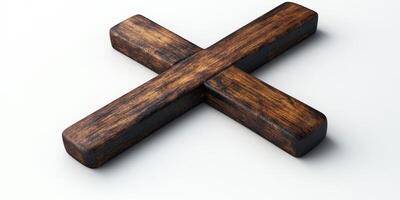 Rustic wooden cross resting on a light surface highlighting its texture and craftsmanship photo