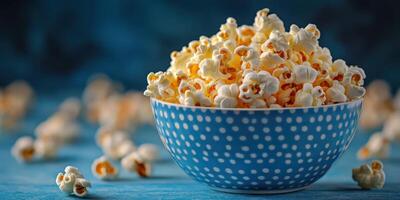 Freshly popped popcorn in a blue polka dot bowl sits on a textured surface with scattered kernels around it photo