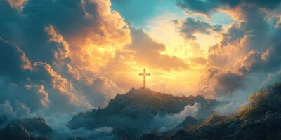 Golden sunrise breaking through clouds behind a cross on a hilltop at dawn photo