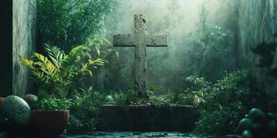 Moss-covered cross surrounded by lush greenery and decorative pots in a serene, atmospheric setting photo