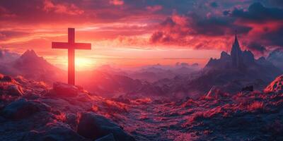 Sunset over mountains with cross silhouette and castle in the distance at dusk photo