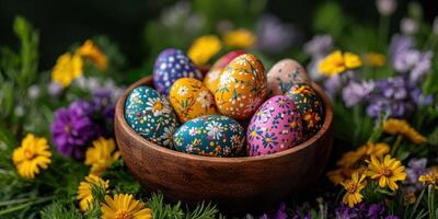 Colorful hand-painted eggs in a wooden bowl surrounded by vibrant spring flowers and greenery photo