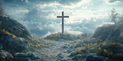 Cross atop a rocky path surrounded by clouds, symbolizing hope and spirituality during dawn light photo