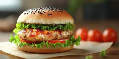 Delicious grilled chicken burger with fresh vegetables and sesame seed bun on a rustic table photo