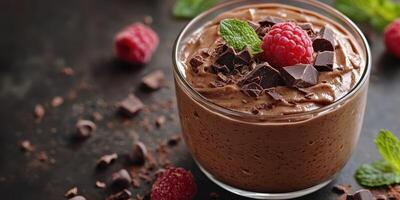 Decadent chocolate mousse topped with fresh raspberries and mint on a dark surface photo