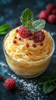 Creamy mango dessert topped with raspberries and mint leaves on a dark background with fresh berries photo