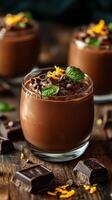Decadent chocolate mousse in clear glass cups enhanced with mint and orange zest on a rustic wooden surface photo