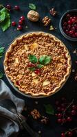 Delicious apple crumble pie with fresh fruit and nuts on a dark countertop photo