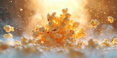 Popcorn explodes in a burst of flavor and texture, showcasing the magical process of popcorn popping photo