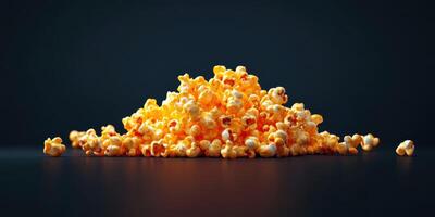 Freshly popped popcorn arranged artistically against a dark background for a delightful snack experience photo