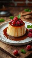 Creamy dessert topped with fresh raspberries and mint on a rustic wooden table photo