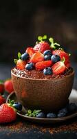 Delicious chocolate mousse topped with fresh strawberries and blueberries served in a dark bowl photo