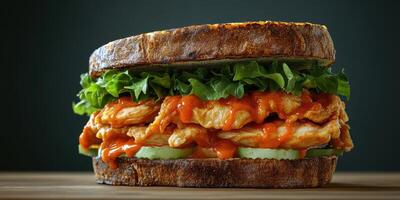Delicious grilled chicken sandwich stacked with fresh lettuce and spicy sauce on whole grain bread photo