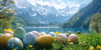 Colorful Easter eggs displayed by a serene mountain lake in springtime sunshine photo