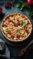 Freshly baked apple crumble pie topped with pomegranate seeds and mint leaves on a dark kitchen countertop photo