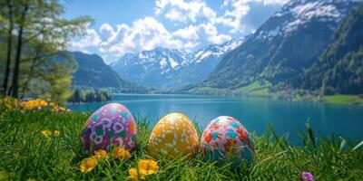 Colorful Easter eggs displayed on green grass by a serene lake surrounded by mountains on a sunny spring day photo