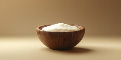 Creamy yogurt in a wooden bowl on a neutral background with soft lighting photo