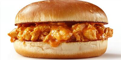 Sizzling chicken sandwich with a rich sauce and soft bun served on a clean surface at a fast food establishment photo