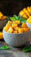 Fresh diced mango with mint and chia seeds served in decorative bowls on a rustic table photo