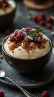 Creamy dessert with fresh berries and crunchy toppings served in a rustic bowl on a dark table photo