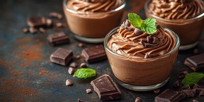 Creamy chocolate mousse dessert served in elegant glass cups with chocolate shavings and mint leaves photo