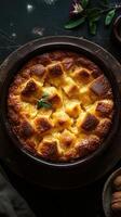 Delicious baked dish with golden crust and soft, fluffy texture, beautifully presented on a rustic table photo