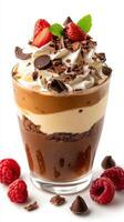 Indulgent layered dessert with chocolate, whipped cream, and fresh fruits in a clear glass photo