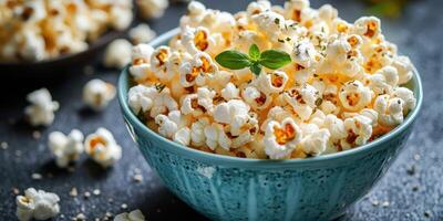 Freshly popped popcorn served in a vibrant blue bowl garnished with herbs on a textured surface photo
