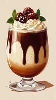 Delicious dessert with rich chocolate, creamy layers, and fresh berries served in a glass on a neutral background photo