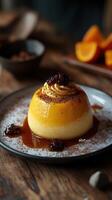 Decadent custard dessert topped with caramel and dark fruit preserves on rustic wooden table photo