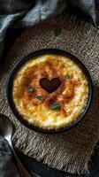 Creamy dessert topped with heart design made from cocoa and herbs on rustic fabric close to silver spoon photo