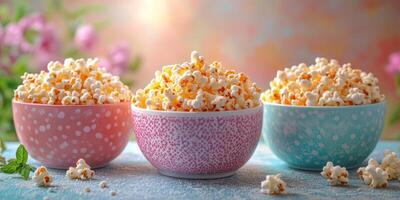 Popcorn in colorful bowls arranged on a surface surrounded by soft flowers in a serene setting photo