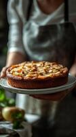 Freshly baked apple cake presented on a plate by a person in a kitchen setting during the afternoon photo