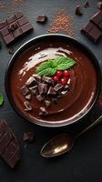 Rich chocolate mousse topped with fresh mint and vibrant berries at a modern kitchen table photo