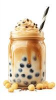 Creamy dessert drink in a jar with toppings, featuring dark pearls and fluffy whipped cream at a cozy cafe photo