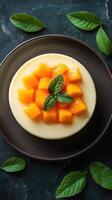 Delicious mango pudding with fresh mint leaves on a dark textured plate photo