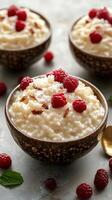 Creamy rice pudding served in rustic bowls topped with fresh raspberries and coconut flakes on a light countertop photo