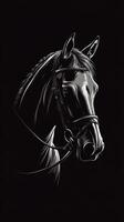 Majestic black horse with sleek mane and bridle standing against a dark background photo