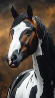 Majestic horse with striking coat patterns stands proud against a blurred, warm background photo