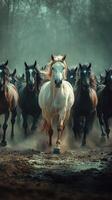 Majestic white horse leads a herd of black horses through a misty forest at dawn photo