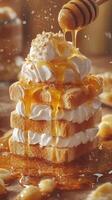 Delicious dessert stack with honey drizzle and whipped cream served in a cozy setting during the afternoon photo