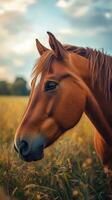 Brown horse grazing in a lush field under a cloudy sky during late afternoon photo