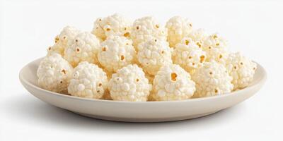 Light and fluffy popcorn clusters arranged neatly on a white plate for a delightful snack photo