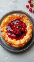 Freshly baked pastry filled with red currant jam and topped with ripe berries in a rustic presentation photo