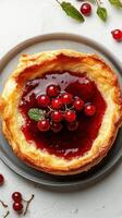 Homemade pastry tart topped with red currants and glossy fruit glaze on a rustic table photo