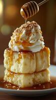 Delicious dessert with layers of sweet treats topped with honey and nuts served in a cozy dining setting photo