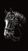 Majestic horse with a detailed bridle rendered in striking black and white illustration at dusk photo